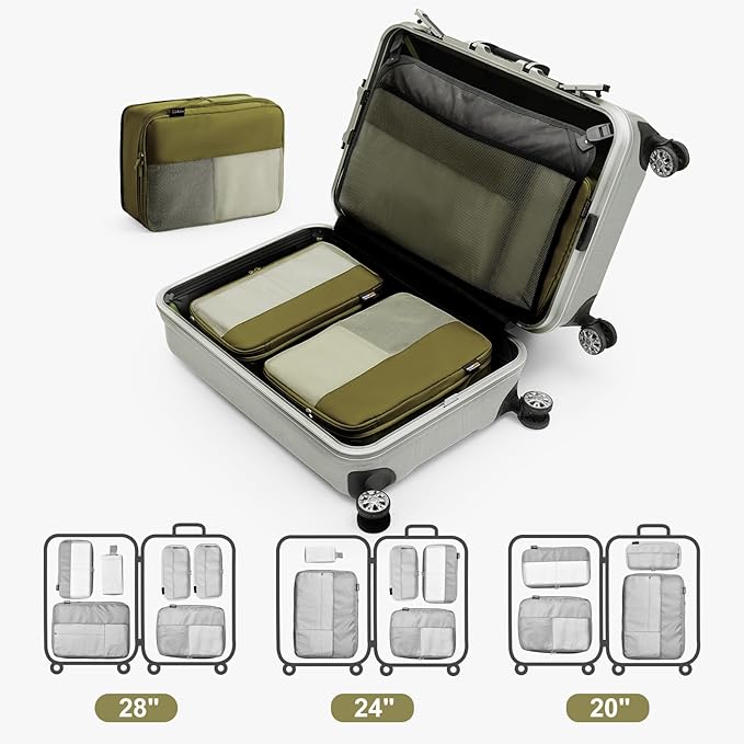 Compression Travel Packing Cubes, 6 Set Expandable Luggage Organizer Bags, Durable Travel Accessories for Suitcases, Backpacks, and Carry-Ons (Army Green)