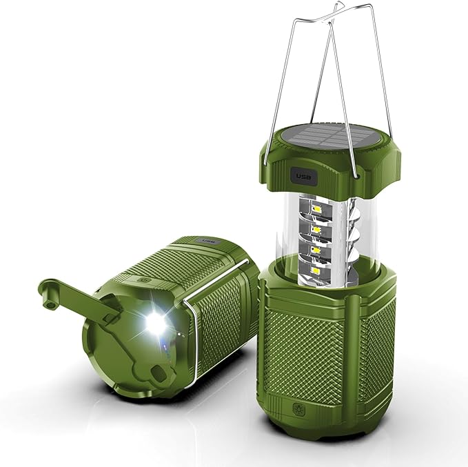 Camping Lantern 5000mAh Solar Hand Crank Telescopic LED Flashlight USB Charger for Power Outages ,Portable Rechargeable Battery Powered Operated Lanterns Lamp, Camping Gear Accessories (Green)
