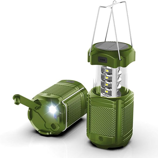 Camping Lantern 5000mAh Solar Hand Crank Telescopic LED Flashlight USB Charger for Power Outages ,Portable Rechargeable Battery Powered Operated Lanterns Lamp, Camping Gear Accessories (Green)