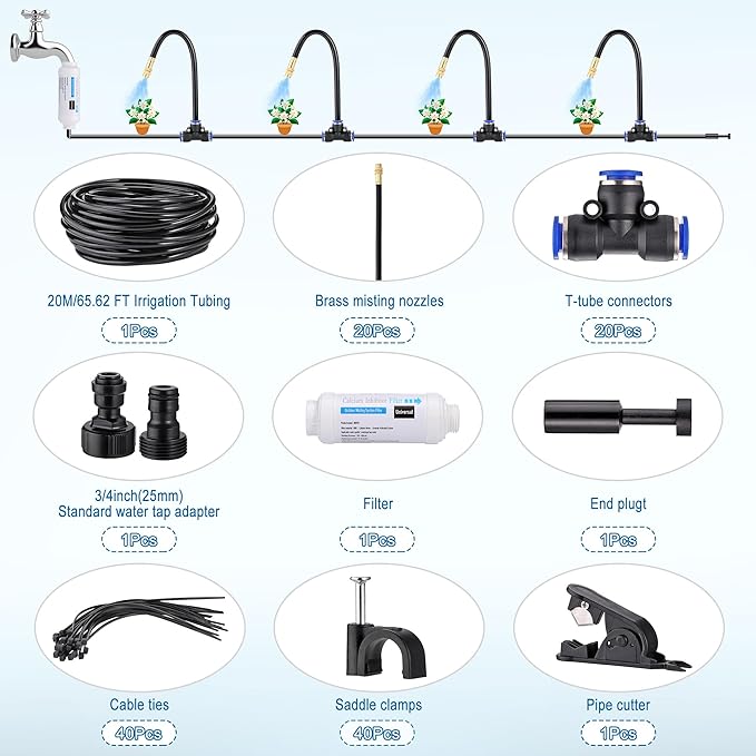 Mornajina Automatic Drip Irrigation Kits Garden Irrigation System, Includes Calcium Inhibitor Filter & 66FT 5/16 inch Irrigation Tubing Hose & 20Pcs 360° Bending Dropper Atomizing Mist Nozzles Tee