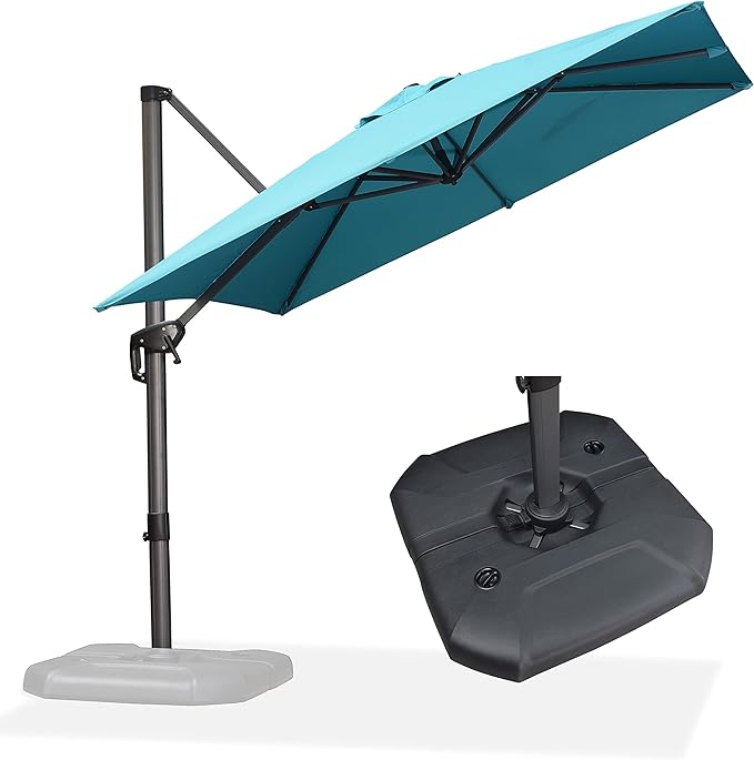 PURPLE LEAF 8 Feet Square Cantilever Umbrella Patio Umbrella with Base Outdoor Umbrella Aluminum Offset with 360-degree Rotation for Garden Deck Pool Patio, Turquoise Blue