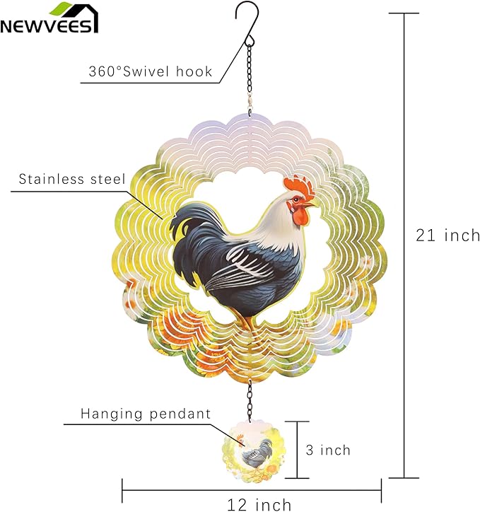 Rooster Metal Wind Spinners - Chicken Gifts for Women Mom Grandma Wife, Hanging Cock Wind Spinner for Outdoor & Indoor Decorations, 12 inch Wind Spinner for Christmas Ornament Gifts