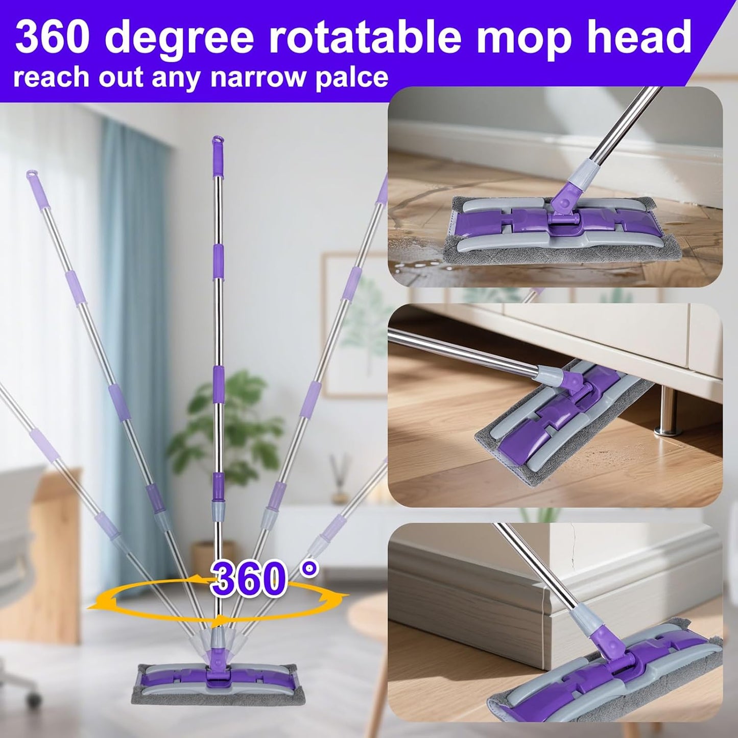 ITTAHO Microfiber Flat Mop Floor Cleaning System,Wet & Dry Dust Mopping with Stainless Steel Telescopic Handle,4 Reusable Mop Pads , Mops for Home,Laminate,Tile,Hardwoods Cleaning (Purple)