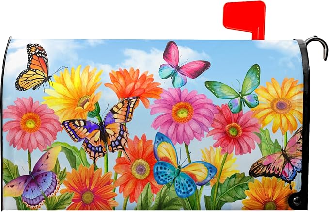 Summer Flower Mailbox Covers Magnetic Large Size 25.5 x 21 Inch Beautiful Fluttering Butterfly Mailbox Covers Colorful Floral Decorative Mailboxes Wraps Post Letter Box Cover for Outside