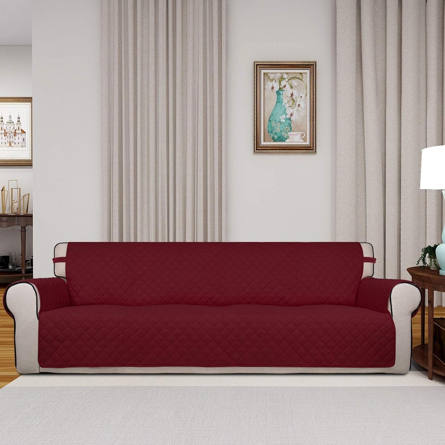 PureFit Reversible Quilted Sofa Cover, Water Resistant Slipcover Furniture Protector, Washable Couch Cover with Non Slip and Elastic Straps for Kids, Dogs, Pets (XX Large, Red/Ivory)