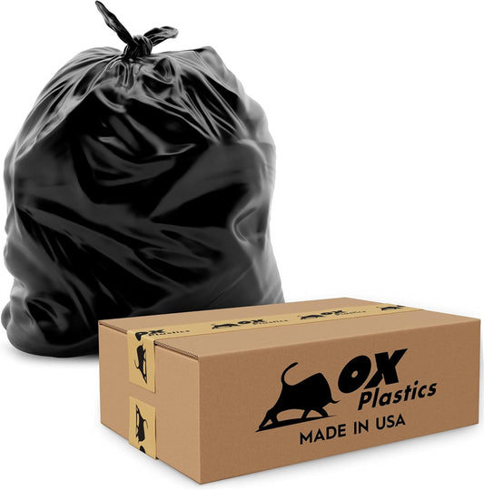 Ox Plastics Trash Can Liners Bags - 60 Gallon Capacity & 2mil Thick Extra Heavy Duty Strength - Large Garbage, Leak-Proof & Durable, House & Commercial Use Bags Black - 25 Count