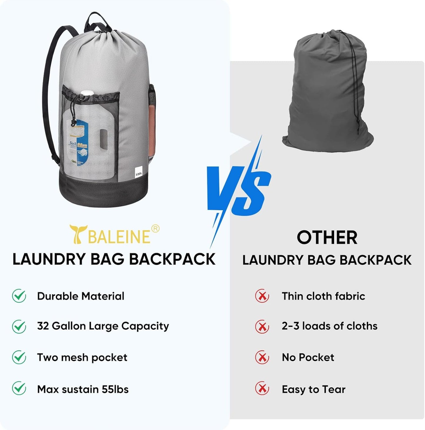 BALEINE 120L Laundry Bag Backpack, 900D Oxford Fabric Large Travel Laundry Bags with Shoulder Straps and 2 Mesh Pockets for College Dorm, Apartment, Laundromat (Gray, 120L)