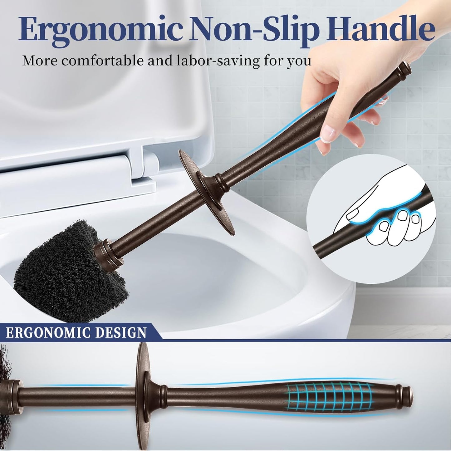 HAMITOR Toilet Bowl Brush Holder Set: 2 Pack Modern Deep Cleaning Bathroom Toilet Scrubber with Caddy for rv - Rim Decorative Accessories Cleaner Brushes for Toilet - Bronze1