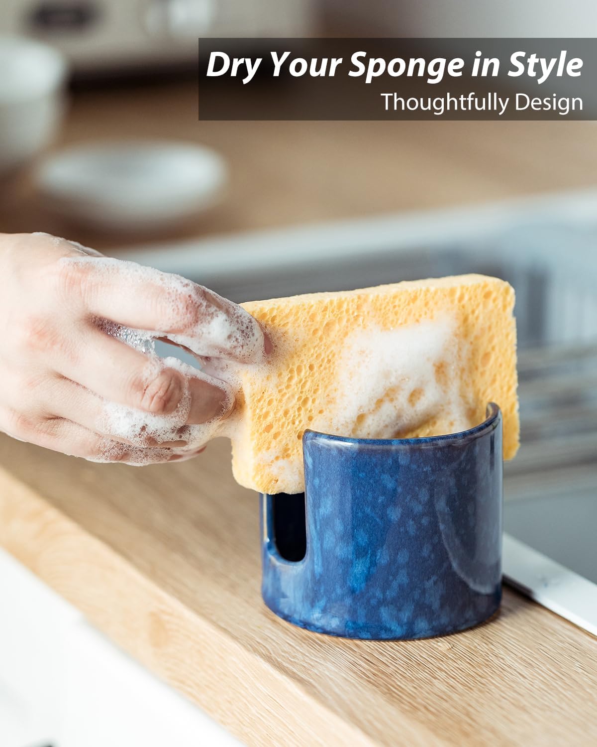 Kitchen Sponge Holder, Ceramic Sponge Organizer Scrubby Holder Sink Caddy Dish Rack for Kitchen and Bathroom, Farmhouse Decor, Blue