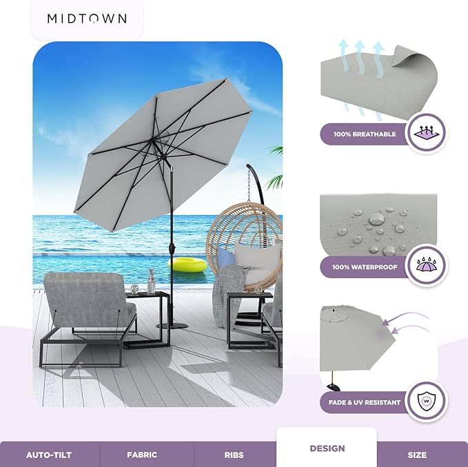 Midtown Umbrellas 10-Year-No-Fade - 9 Ft - UV Proof Matter Grey Polyester Fabric - Umbrella Outdoor Patio, Auto-Tilt Aluminum Frame Patio Umbrella for Garden, Pool & Deck - Black Pole