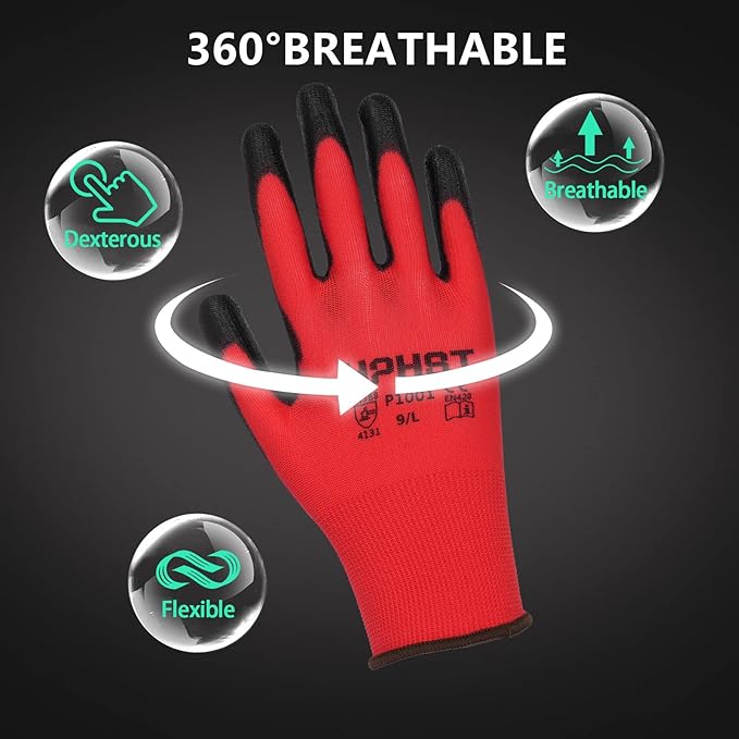 PU Coated Safety Work Gloves, 12 Pairs Work Gloves Mechanic Working Seamless Knit Glove with Polyurethane Coated Smooth