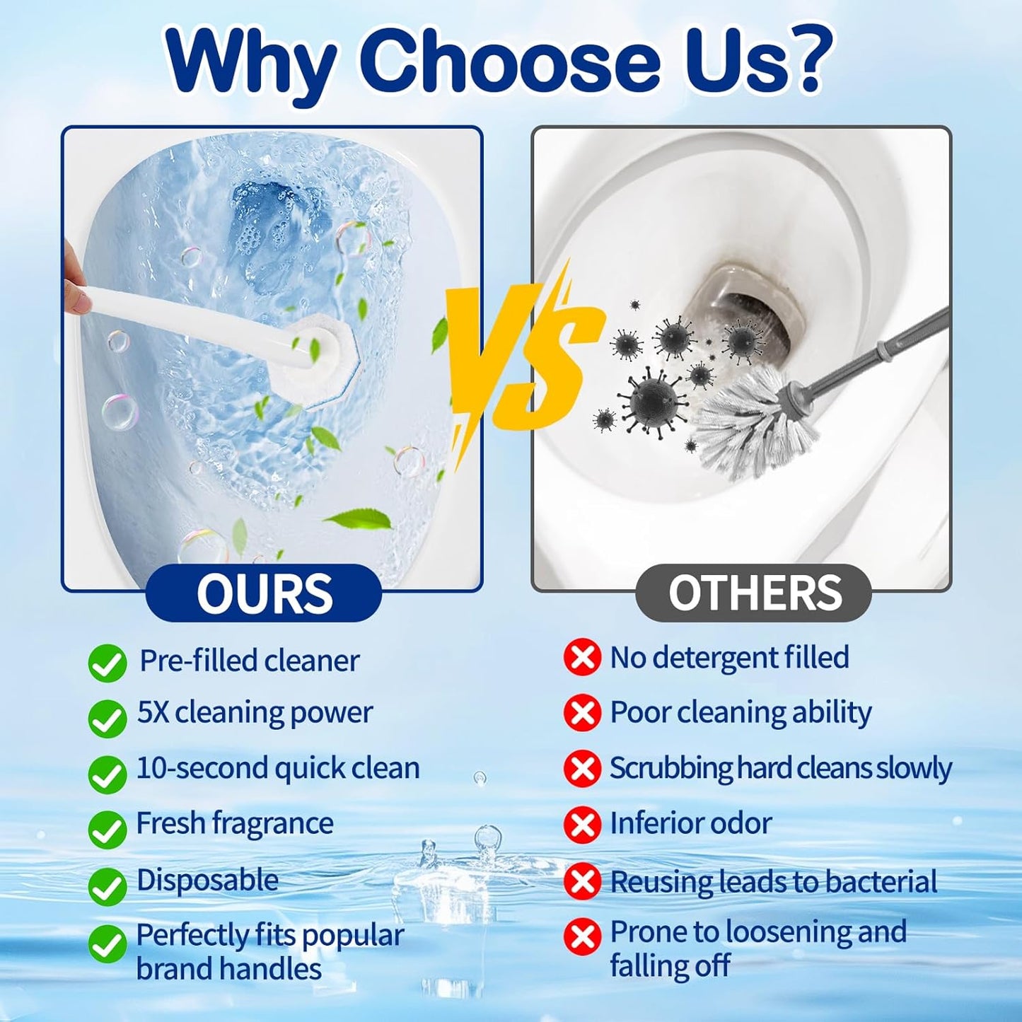 50 Count Disposable Toilet Wand Refills - Toilet Scrubber Refill with 5X Cleaning Power Toilet Bowl Cleaners, Bathroom Cleaning Supplies, No Falling Apart, Fresh Fragrance