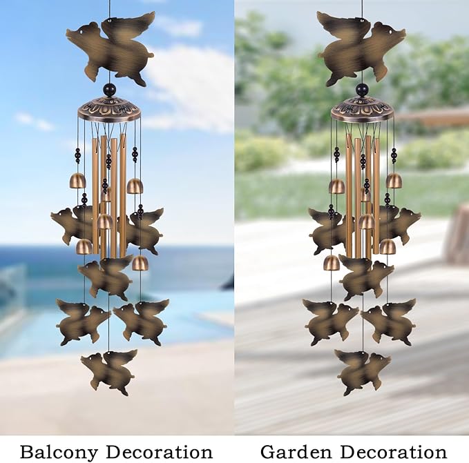 Outdoor Flying Pigs Wind Chimes Decor, Memorial Windchime, Bronze Wind Bells, Retro Wind Chime, Blessing Windchimes for Home, Balcony, Room, Xmas, Party, Indoor, Garden Decoration, Gifts for Mom