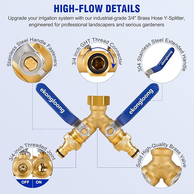 Brass Hose Splitter 2 Way Heavy Duty with Long Handle Switch, Y-Way Water Faucet with 3/4" GHT Thread, Heavy Duty Hose Connector for Lawn Irrigation/Outdoor Sprinkler System(With Nipple‌)