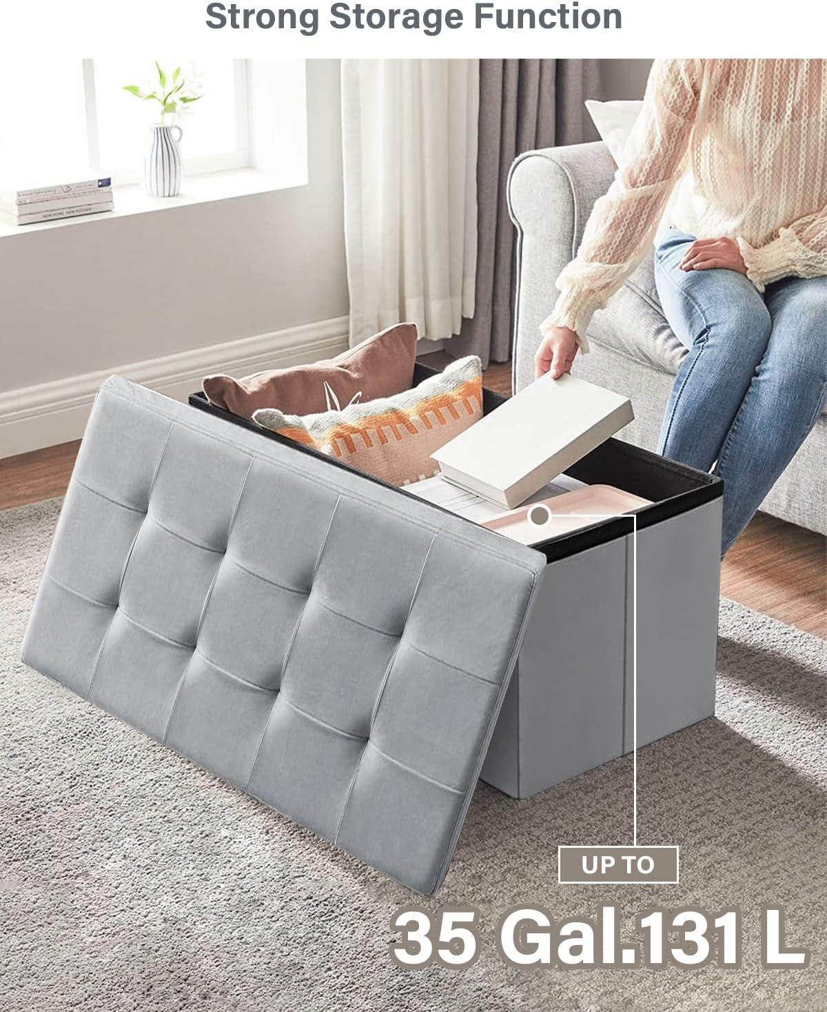Folding Storage Ottoman, Velvet Storage Bench, Footrest, Removable Divider, for Living Room, Bedroom, 15 x 43 x 15 Inches, 660 lb Load Capacity, Dove Gray UASND02G