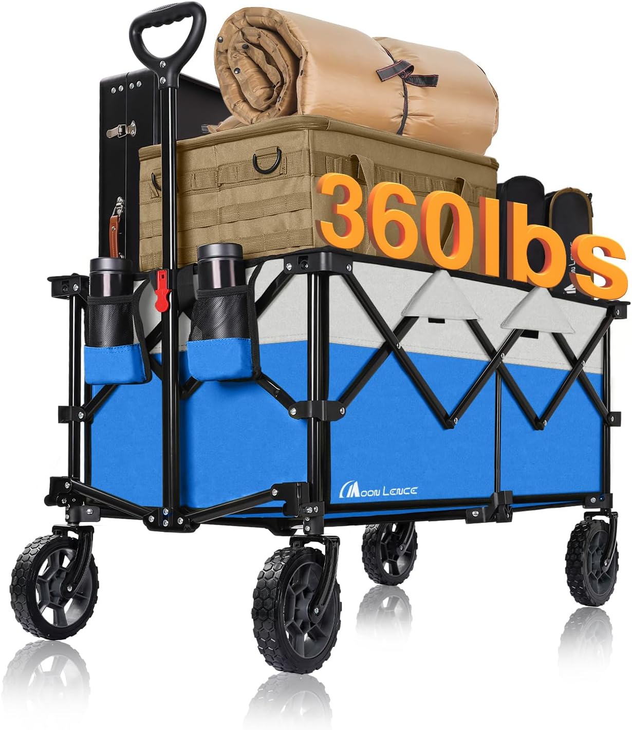 Moon Lence Collapsible Folding Wagon Cart Heavy Duty Folding Garden Portable Hand Cart with All-Terrain Beach Wheels, Adjustable Handle & Drink Holders (Blue & Ivory)