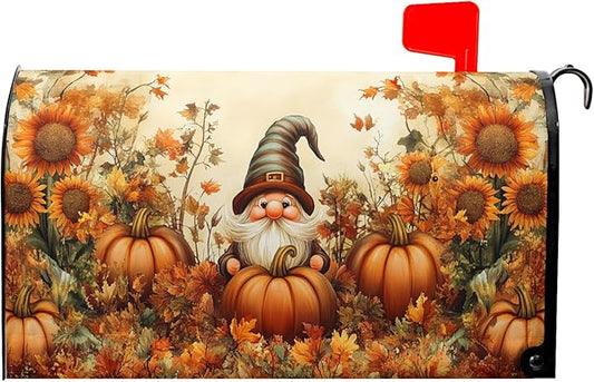 Fall Gnome Mailbox Cover Magnetic Standard Size 21x18 inch Autumn Pumpkin Sunflower Post Letter Box Wrap Seasonal Dust-Proof Letterbox Covers Protection for Home Outdoor Garden Yard