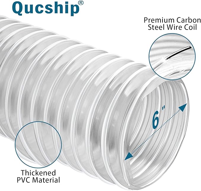 PVC Dust Collection Hose 6" x 5', Flexible Heavy PVC Fume Collection Hose with Carbon Steel Wire Coil for Dust Collection Systems, Woodworking, Workshops