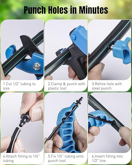 Pawfly Drip Irrigation Hole Punch Tool & Tubing Cutter Kit, Drip Irrigation Punch Tool for 16-20 mm PE Tubing, Drip Punch Tools & Cutter with 150 Barbed Connectors for Sprinkler Setup