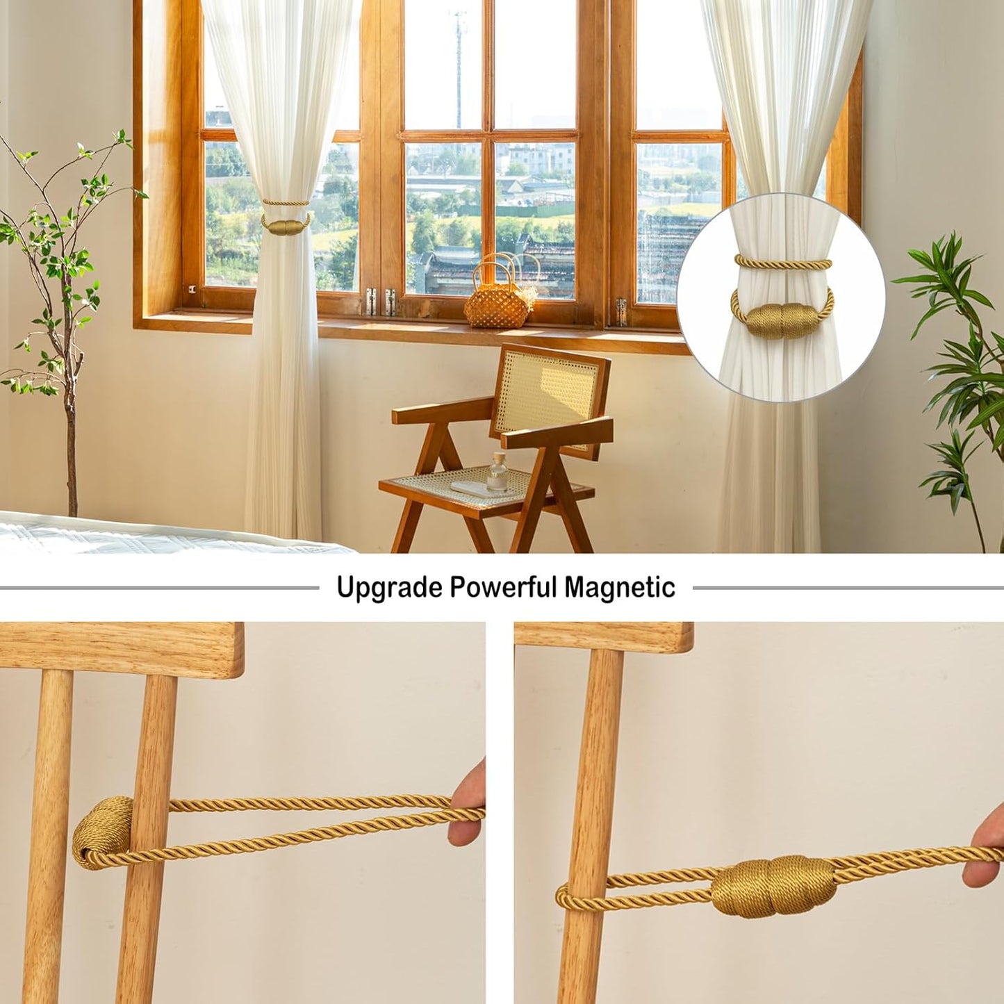 Magnetic Curtain Tiebacks Rope Curtain Tie Backs for Curtains 6 Pack Curtain Holders for Drapes Decorative Window Curtain Holdbacks, Gold