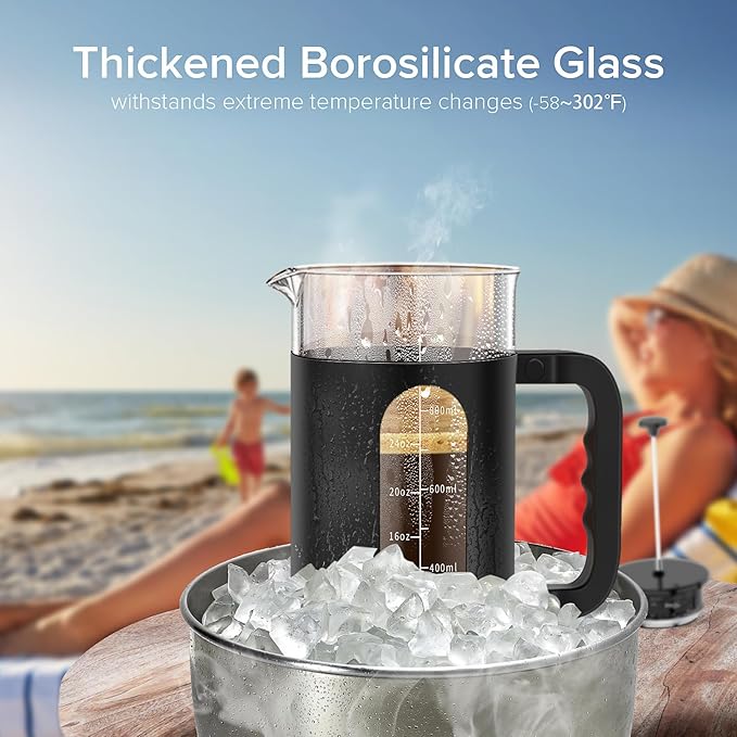 QUQIYSO French Press Coffee Maker, 304 Stainless Steel French Press with 4 Filter, Heat Resistant Borosilicate Glass, Easy to Clean, BPA Free Coffee Press Rust-Free Coffee Maker, 34 ounce, Black