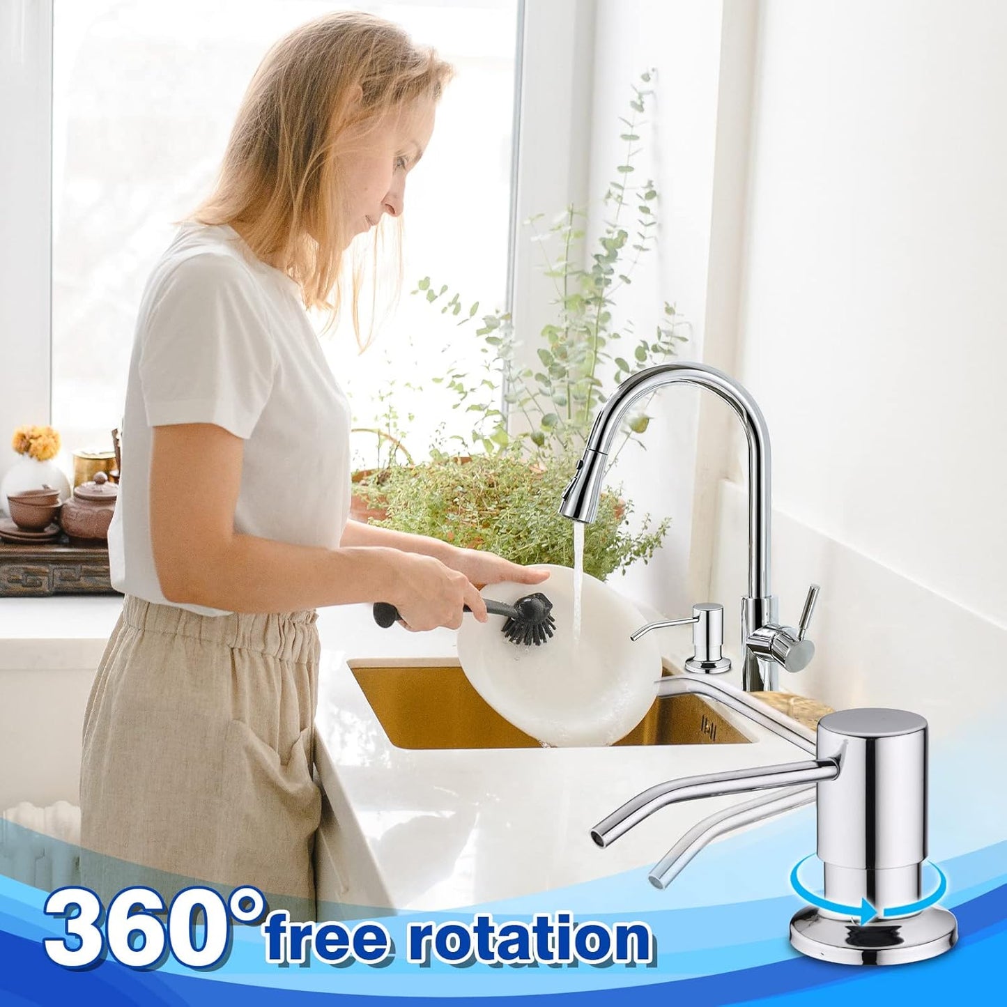 Chrome Soap Dispenser for Kitchen Sink, WEWE Kitchen Sink Soap Dispenser Built in for Counter Top Refillable Under Sink in Sink Soap Dispenser Stainless Steel Polished Chrome