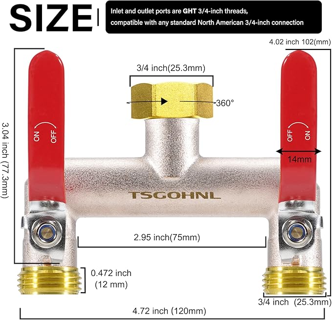 Garden Hose Splitter, 3/4” Rust and Freeze Resistant Outdoor Hose Manifold with 2 Red Extra Long Handles Faucet Adapter-Heavy Duty Brass Nickel Plated 2-Way Valve