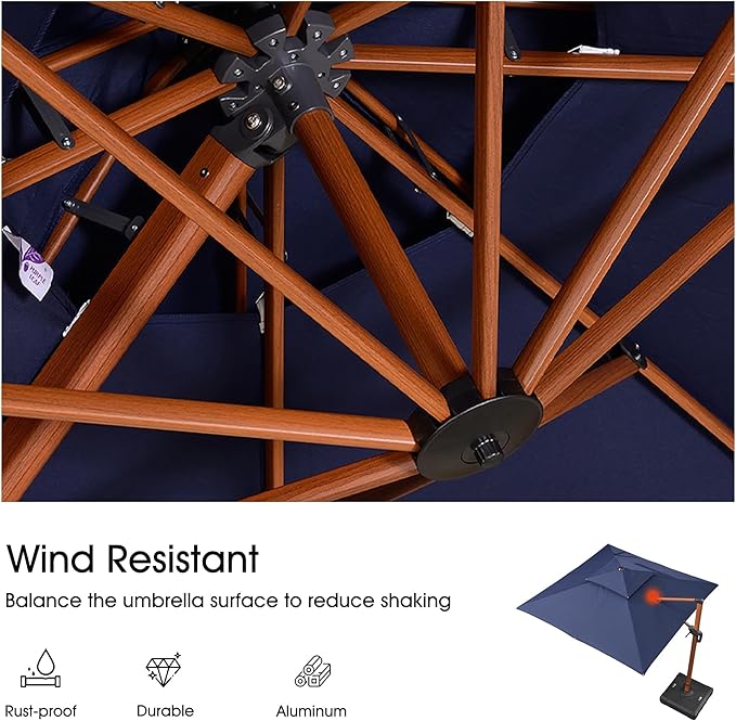 PURPLE LEAF 10' X 13' Double Top Deluxe Wood Pattern Rectangle Patio Umbrella with Base Offset Hanging Umbrella Outdoor Market Umbrella Garden Umbrella, Navy Blue