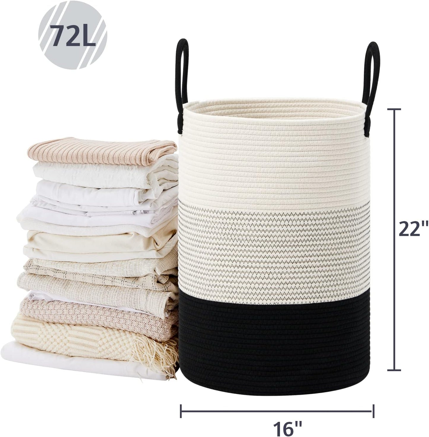 VIPOSCO Large Laundry Hamper, Tall Woven Rope Storage Basket for Blanket, Toys, Dirty Clothes in Living Room, Bathroom, Bedroom - 72L White & Black