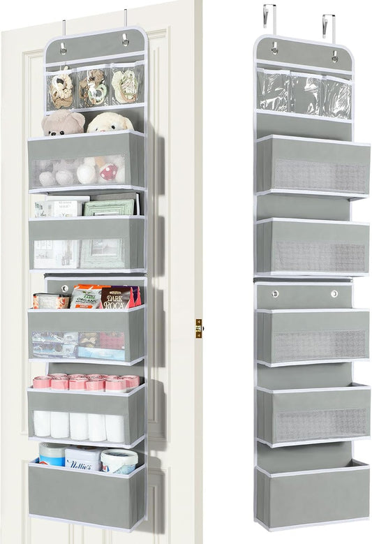 LAMU 6-Tier Over The Door Organizer, Swing - Proof Closet Door Organizer, Flexible 1 Split into 2 Over The Door Storage Organizer for Nursery, Bathroom, Bedroom, Grey, 5 x 14 x 61in