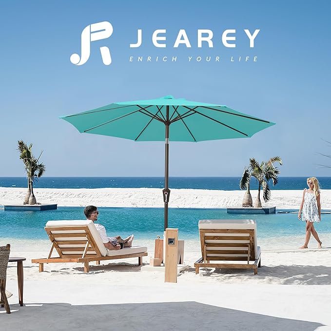 JEAREY 10FT Outdoor Patio Umbrella Outdoor Table Umbrella with Push Button Tilt and Crank, Market Umbrella 8 Sturdy Ribs UV Protection Waterproof for Pool, Garden (Turquoise)