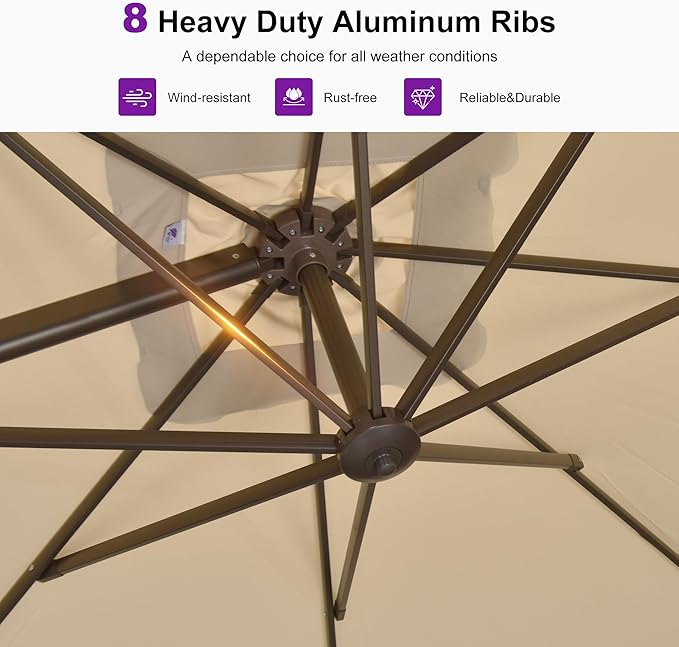PURPLE LEAF 9' X 11.5' Rectangle Cantilever Umbrella Patio Umbrella Outdoor Aluminum Offset Hanging Umbrella with 360-degree Rotation for Pool Garden Backyard Deck, Beige