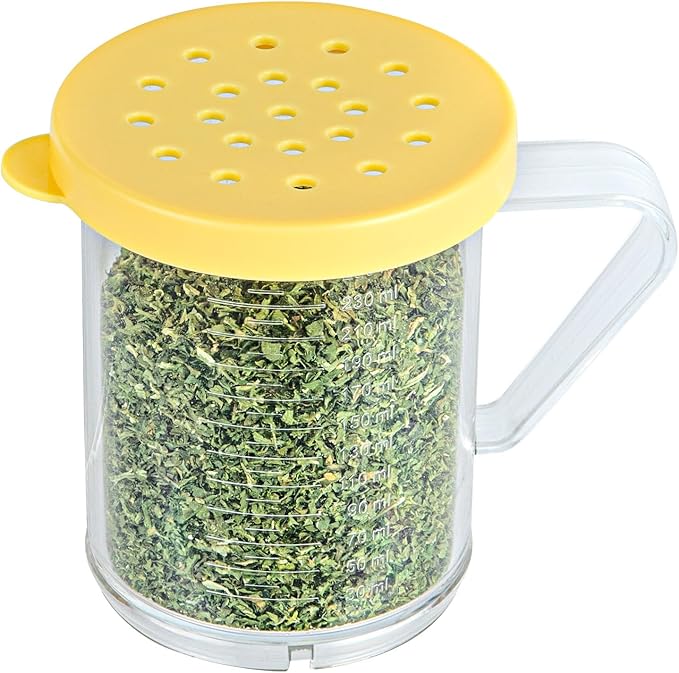 Restaurantware-RW Base 10 Ounce Clear Plastic Dredge Spice Shaker, 1 Reusable Dry Rub Shaker - Includes Yellow Perforated Lid, With Handle, Clear Polycarbonate Spice Holder, For Coarse Seasonings