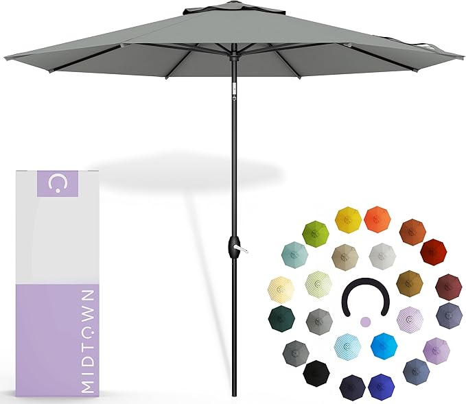 Midtown Umbrellas 10-Year-No-Fade - 9 Ft - UV Proof Matter Grey Polyester Fabric - Umbrella Outdoor Patio, Auto-Tilt Aluminum Frame Patio Umbrella for Garden, Pool & Deck - Black Pole