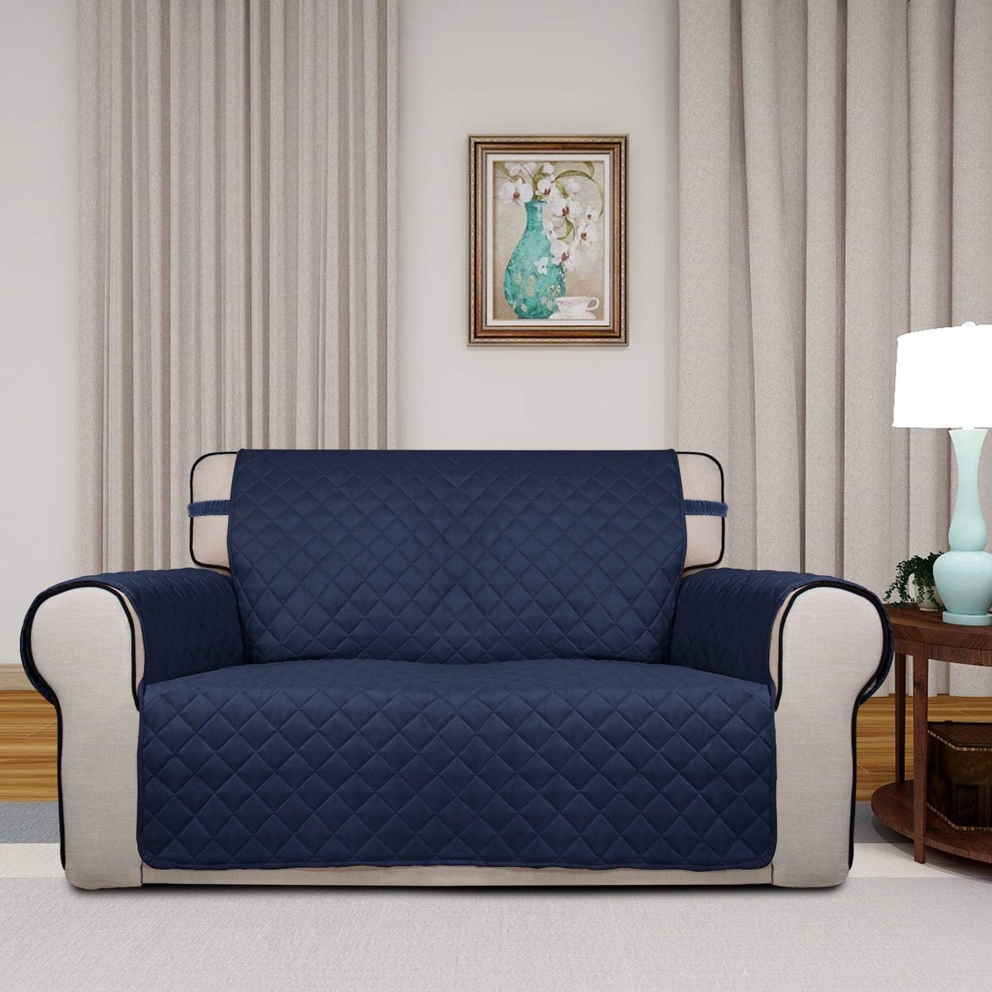 PureFit Reversible Quilted Sofa Cover, Water Resistant Medium Slipcover Furniture Protector, Washable Couch Cover with Non Slip Foam and Elastic Straps for Kids, Dogs, Pets (Loveseat, Navy/Ivory)
