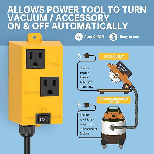 Ortis Automatic Vacuum Switch with Auto/On/Off Control, Smart Current Sensing, and Delayed Vacuum Start to Prevent Overload and Breaker Trips,Ensuring a Safer and Cleaner Workspace, Yellow