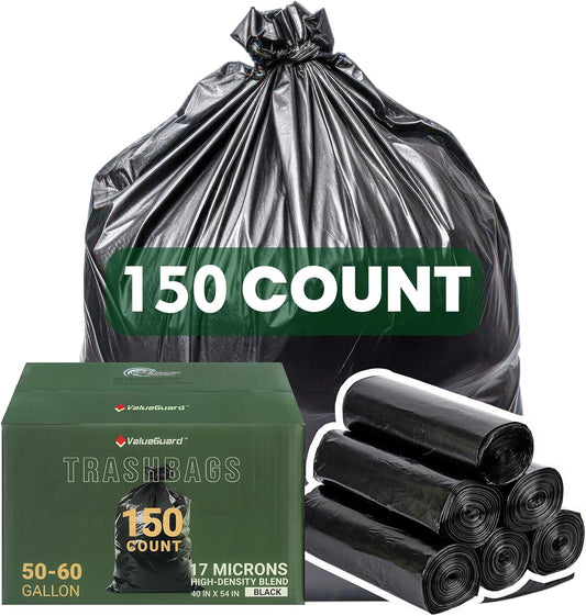 150 Count 55-60 Gallon Trash Bags, Large Garbage Bags Sturdy & Tear-Resistant Commercial Can Liners 55 Gallon, Large Black Trash Bags for Commercial, Lawn and Leaf Bags (150 Count)