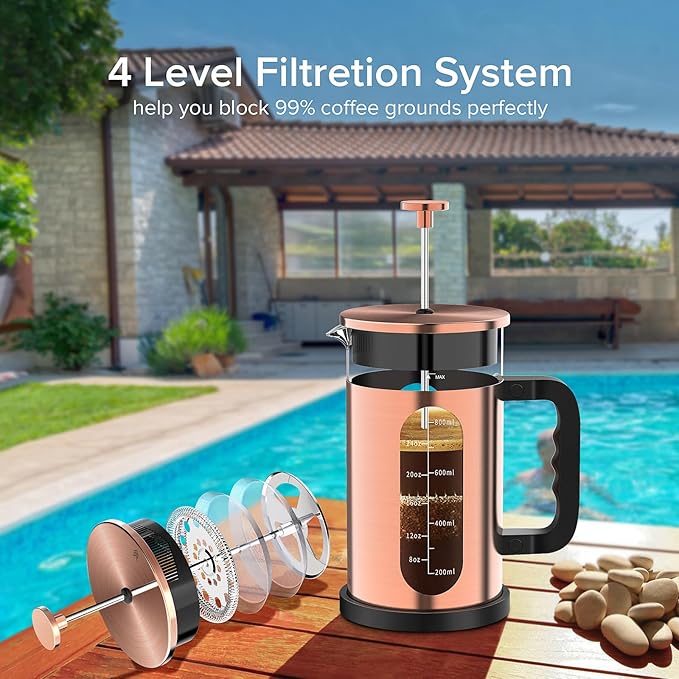 QUQIYSO French Press Coffee Maker, 304 Stainless Steel French Press with 4 Filter, Heat Resistant Borosilicate Glass, Easy to Clean, BPA Free Coffee Press Rust-Free Coffee Maker, 34 ounce, Copper