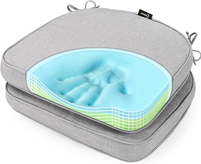 SUNROX Gel Memory Foam Chair Cushions, FadeShield Water-, Stain-Resistant Durable Reversible Seat Cushion Pads with Ties for Indoor/Outdoor Kitchen Dining Office 17"x16" Set of 2, Heather Grey