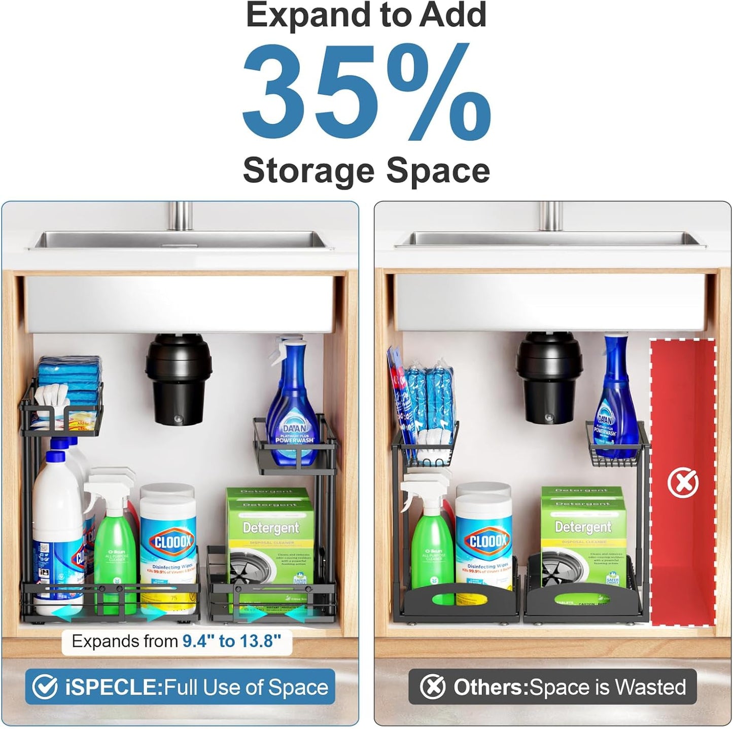 iSPECLE Under Sink Organizer - 2 Pack Under Kitchen Sink Pull Out Organizer Expandable Width Add Storage Space, Adjustable Height Easy Get Items, Under Sink Storage No Drilling Slide Smoothly