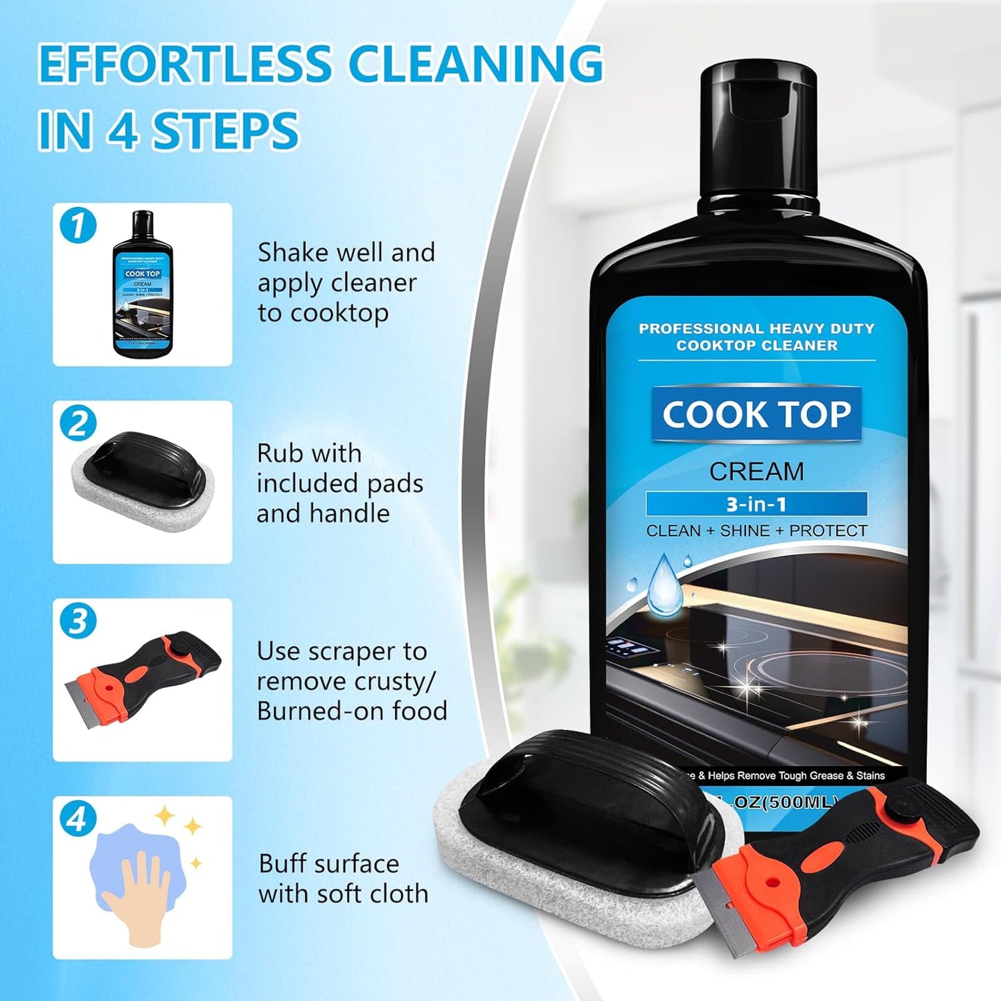 Cooktop and Stove Top Cleaner Kit, Glass Cooktop Cleaner Combo Kit with Razor, Scraper, Scrubbing Pad Removes Tough Stains, Stovetop Cleaner for Glass and Ceramic Surfaces，34OZ