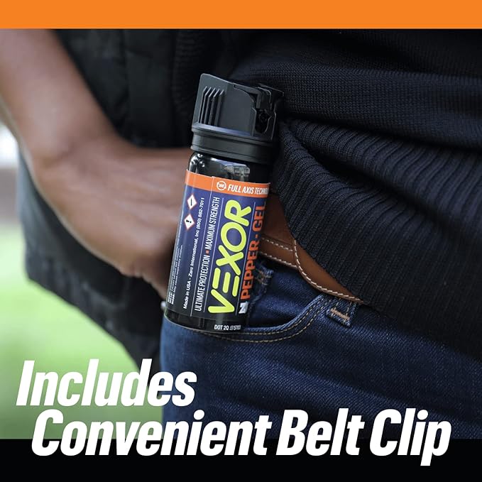 VEXOR Pepper Gel from Zarc, Maximum Strength Police Pepper Spray, Gel is The Future, Full Axis Technology Shoots from Any Angle 18-feet, Flip-top Safety