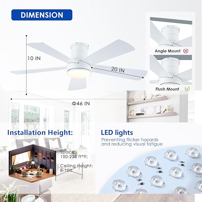 Ceiling Fans with Lights,46-Modern Low Profile Ceiling Fan with Remote Control,5 Dual-Sided Blades,Reversible DC Motor,White Flush Mount Ceiling Fan for Bedroom Indoor/Outdoor Use