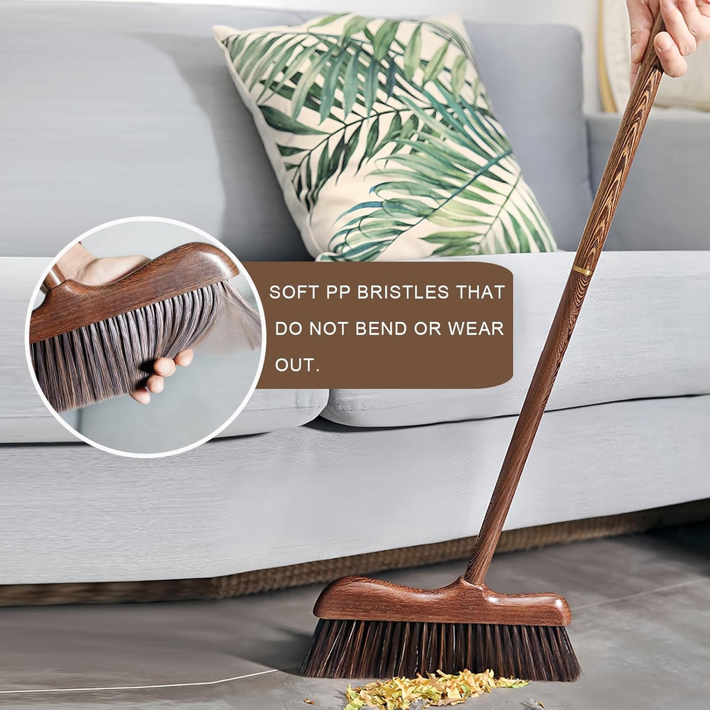 Wood Angle Broom – 44.8” Wooden Handle Compact Brooms for Indoor Kitchen – Soft PP Bristles, Durable Sweeping Broom