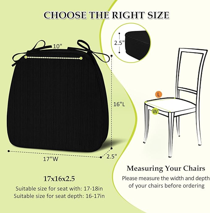 Chair Cushions for Dining Chairs, Indoor Chair Cushions with Ties，Waterproof Chair Pads Set of 6, Black, 17x16x2.5 Inch