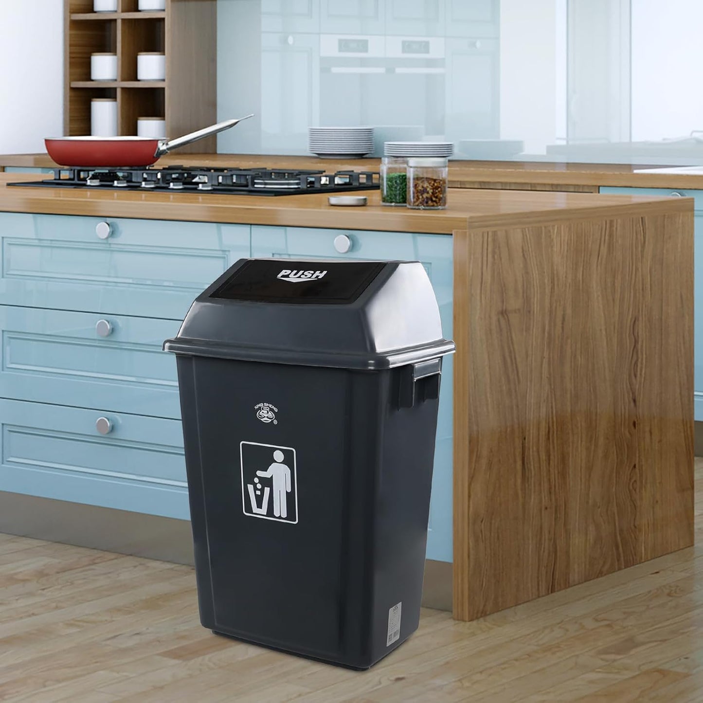 4-Pack Rectangular Waste Container with Swing Lid, 15 Gallon Commercial Trash Can, Gray