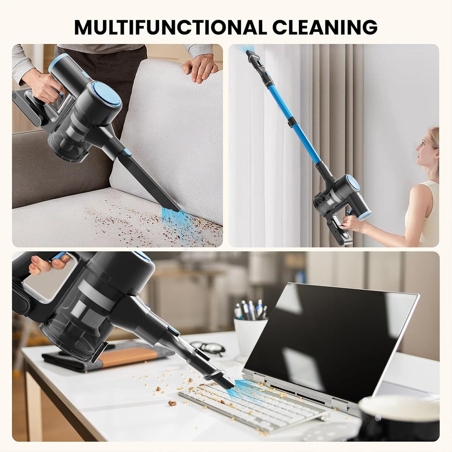 Cordless Vacuum Cleaner with 35Kpa Suction, Battery Vacuum Cleaner with LED Headlight & Anti-Tangle Brush, 6in1 Lightweight Cordless Vacuum for Home, Pet Hair, Hard Floors, Carpet