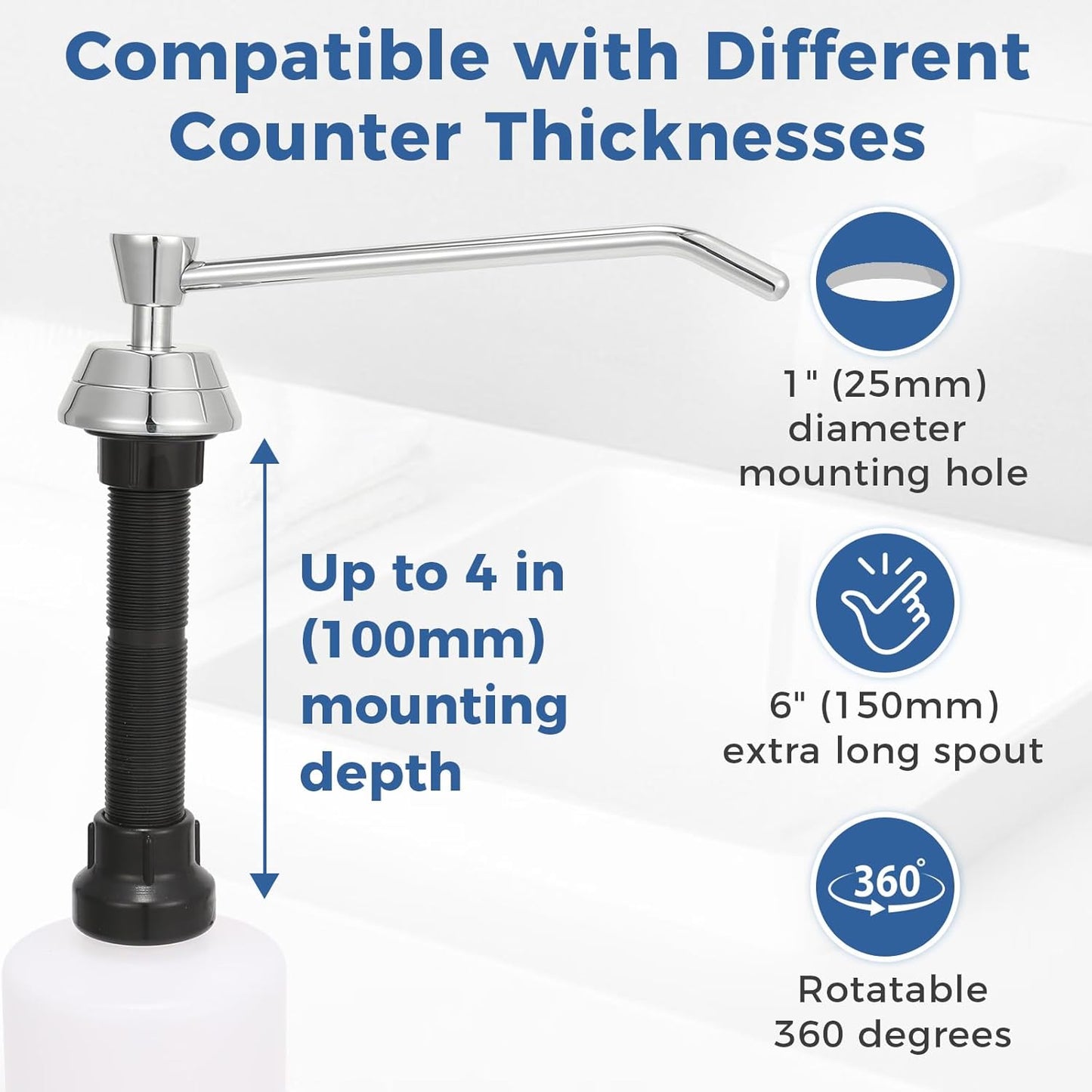 Heavy Duty Brass Countertop Liquid Soap Dispenser, Commercial Grade Top Fill Built-in Soap Dispenser with 34 oz/ 1L Bottle for Bathroom, Kitchen, Public Restroom, Chrome Finish, 6” Spout