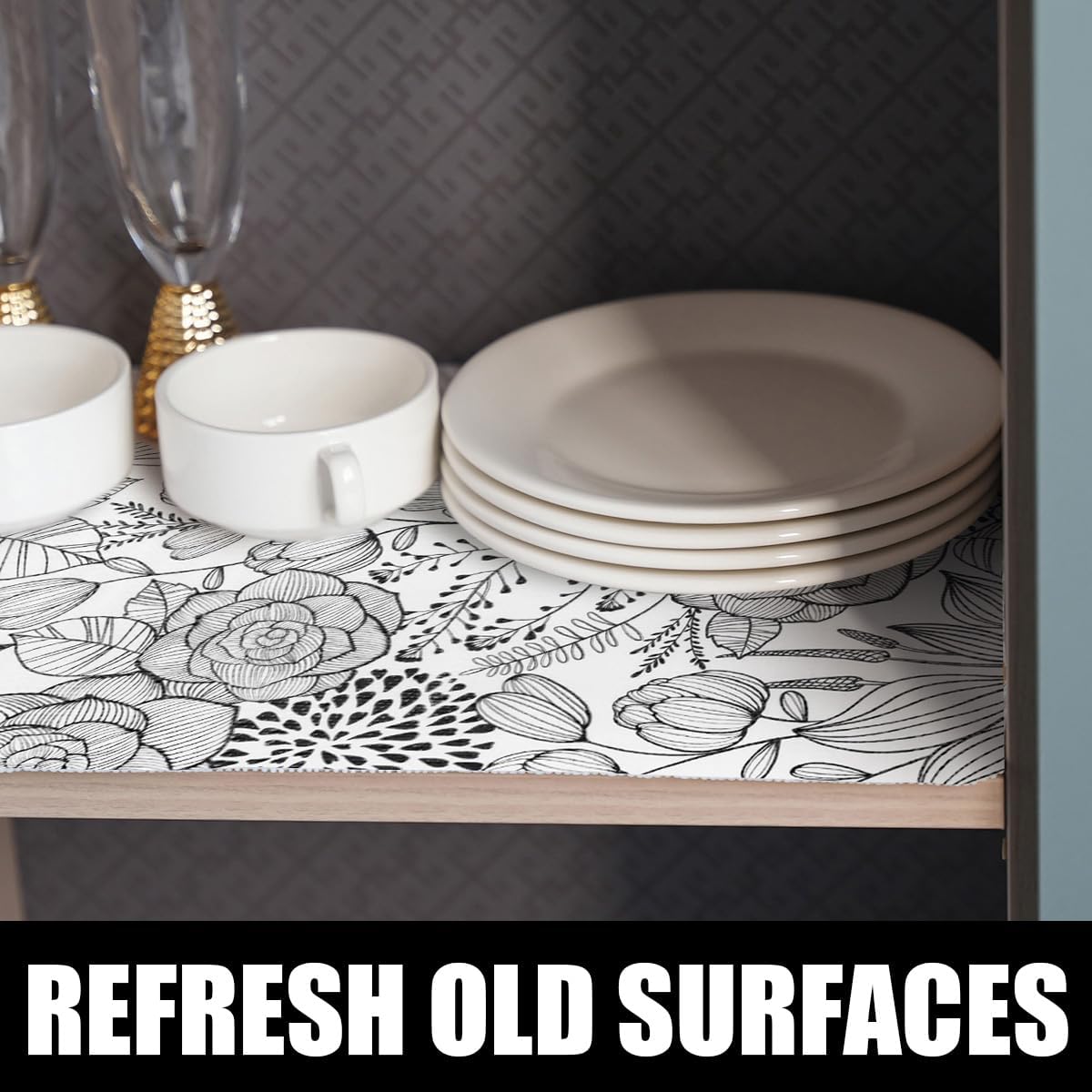 Floral Drawer and Shelf Liner for Kitchen 16IN x 10FT, Non-Adhesive and Strong Non-Slip Cabinet Drawer Liners, Waterproof Thickened Shelf Liner,Easy to Clean,Black and White