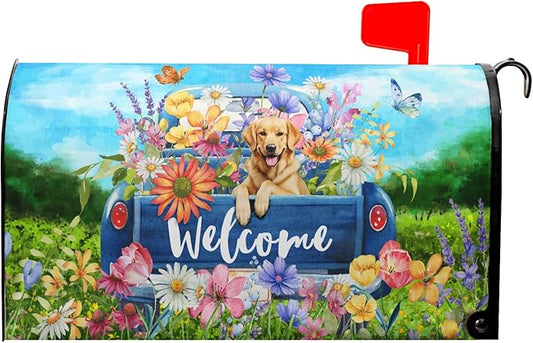 Spring Truck Mailbox Cover Magnetic Welcome Flower Cute Golden Retriever Dog Letter Box Blue Pickup Colorful Flower Butterfly Decorative Waterproof Post Box Covers For Garden Yard Outside